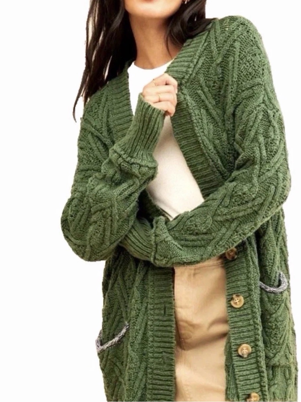 Free People Montana Cable Knit Cardigan Sweater XS Green Oversize Slouchy Pocket